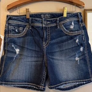 Silver Jeans Distressed Dark Blue Suki Denim Shorts